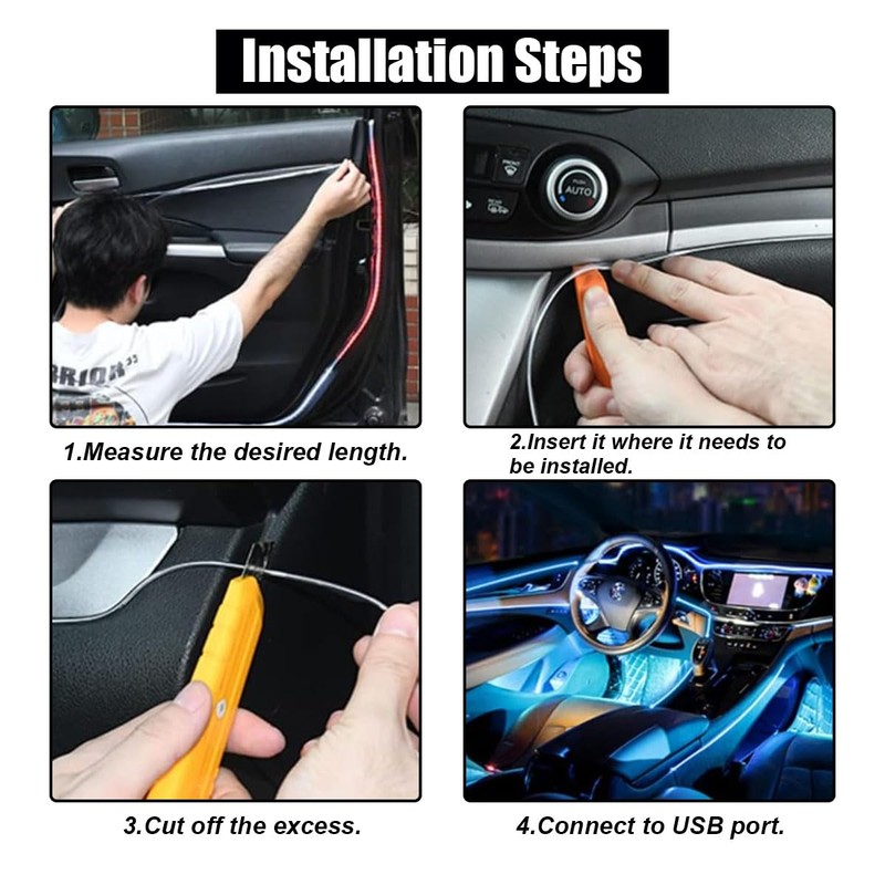 EL Wire Interior Car LED Strip Lights, USB Car Neon