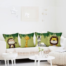 Aoihrraan Cushion Covers 40x40cm Cartoon Animals Pillow Case Home Soft Short Plush Square Throw Pillow Covers, Throw Pillowcases With Invisible Zipper for Sofa Car Bedroom, Pack of 4 (Green)