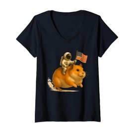 Womens Space Hamster USA Ride, Funny Astronaut Patriot Meme V-Neck T-Shirt