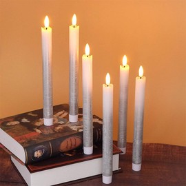 Wondise Flickering Flameless Taper Candles with Remote and Timer, 9 Inch Battery Operated Silver Real Wax 3D Flame Window Candles for Holiday Christmas Decor, Set of 6(0.78 x 9.64 inch)