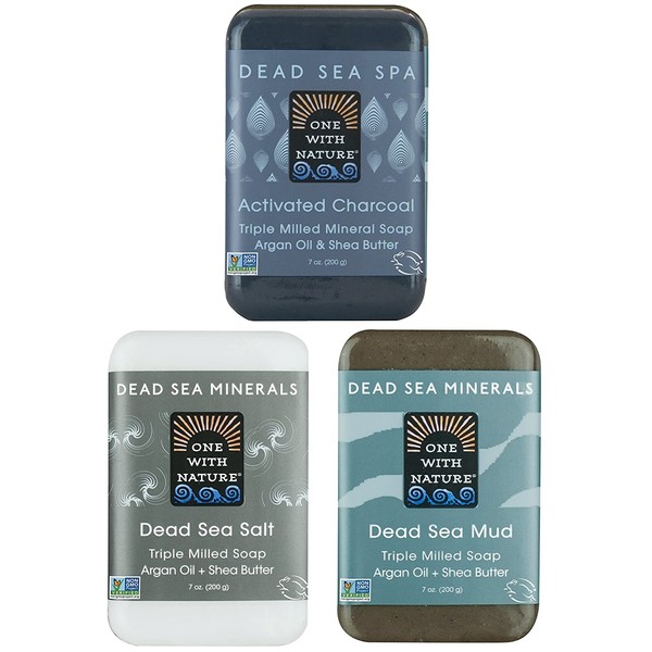 DEAD SEA Salt Mud Charcoal – Soap Variety Pack, Dead Sea Mud, Dead Sea Salt, Activated Charcoal. With Shea Butter, Argan Oil. All Skin type, Problem Skin. Acne Treatment, Eczema, Psoriasis, 3/7oz Bars