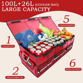 SMILCHA Large 100L Foldable Car Trunk Organizer with 5 Compartments + Separate 26L Detachable Insulated Cooler - Durable 1680D Oxford Cloth for Car & SUV Storage (Red)