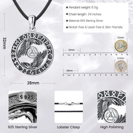 Eusense Viking Jewellery 925 Silver Viking Necklace Gifts Amulet Nordic Mythology Pendant Gift for Men Women, Sterling Silver, Silver