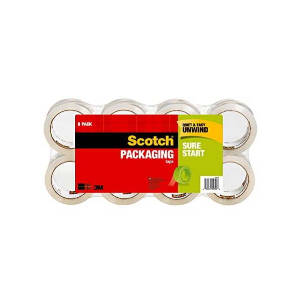 Scotch Sure Start Shipping Packaging Tape, 1.88" x 54.6 yd, Designed for Packing, Shipping and Mailing, Quiet Unwind, No Splitting or Tearing, 3" Core, Clear, 8 Rolls (3450-8)