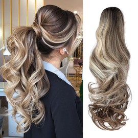 Felendy Ponytail Extension Claw 18" 20" Curly Wavy Straight Clip in Hairpiece One Piece A Jaw Long Pony Tails for Women (Dark Brown Mix Ombre Blonde-CURLY)