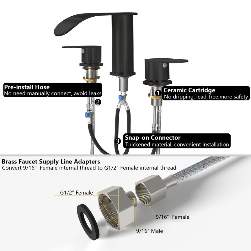 DOUBLUOEG Matte Black Roman Tub Faucet Deck Mount Waterfall Bathtub