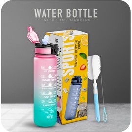 K-MART Sports Water Bottle with Straw and Time Marking, and 32OZ Capacity - Motivational and BPA-Free Bottle for Running, Gym, Yoga, Outdoors, and Camping (Style-1, Pink-Mint Green)