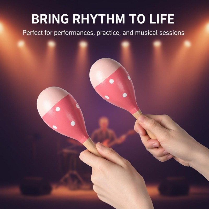 4 Pcs Maracas, 9 Inch Wooden Maraca Instrument (Pink-Smile)