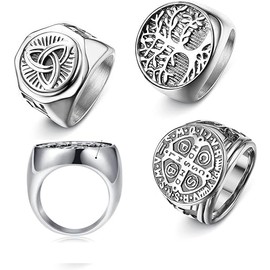 JeryWe 4Pcs Men's Rings Band Signet Stainless Steel Wide Rings for Men Women Band Tree of Life Ring Set Vintage Gothic Black Retro Ring for Men 11