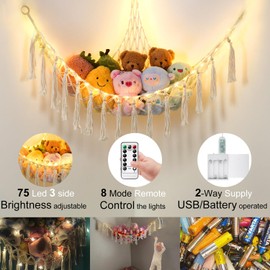 Stuffed Animal Hammock with 75LEDs, Extra Large 55in Toy Storage Macrame Hammock, Hanging Toy Net for Kids Bedroom Doll Room Corner Organizer, USB Plush Toy Hammock with Remote(XL)