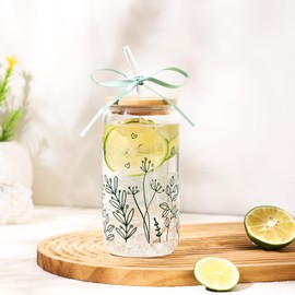 Celebloom Gifts for Women-Aesthetic Plant Floral Iced Coffee Glass Cup Tumbler with Lid and Straw for Birthday Thanksgiving Christmas Presents Stuff for Teen Girl Gardener Plants Lover