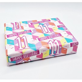 2 Sheets 2 Tags 11th Birthday Wrapping Paper Age 11 PINK FUN CUBES background Female Girl Giftwrap (PA)