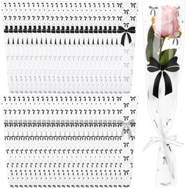 Honoson 100 Pcs Single Flower Sleeve Coquette Bow Mother's Day Floral Bouquets Wrapping Bags Plastic Rose Cellophane for Birthday Graduation Party Wedding Flower Gifts Supplies (Black)