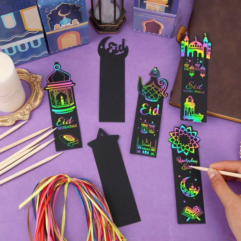 JUNEBRUSHS 30Pcs Ramadan Crafts, Rainbow Magic Ramadan Scratch Bookmarks for