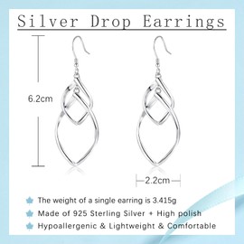 Cangall Silver Drop Earrings for Women, 925 Sterling Silver Dangle Earrings, Lightweight Hypoallergenic Earrings Dangling, Infinity Twisted Linear Teardrop Silver Drop & Dangle Earrings for Girls
