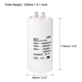 uxcell CBB60 Run Capacitor 80uF 450V AC Double Insert 50/60Hz Cylinder 115x55mm White for Air Compressor Water Pump Motor