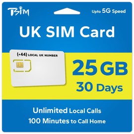 TSIM UK SIM Card for Canadian Traveler 30 Days | 25Gb Data + Unlimited Local Calls and Text + 100 Minutes to Call Home | Get Local UK Number Before Travel.