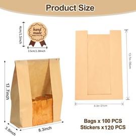 COGLARING 100 Pack Large Kraft Paper Bread Bags for Homemade Bread Sourdough Bags 13.7" x 8.3" x 3.5" with Window Bakery Bag Packaging Cookie Bag with Label Seal Stickers 120pcs