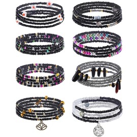 ELABEST 24-39inch African Waist Beads for Women 8Pcs Elastic Belly Beads Colorful Beaded Waist Jewelry Accessories Body Chain (Black, 31.5inch/80cm)