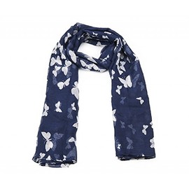 Ladies Lightweight Navy Blue and White Butterfly Print Scarf