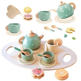 Wooden Tea Party Toys for Little Girls, Montessori Tea Time Pretend Play Toy for Kids Kitchen Sets Wooden Toys for 3 4 5 Year Old Girl Birthday Gift