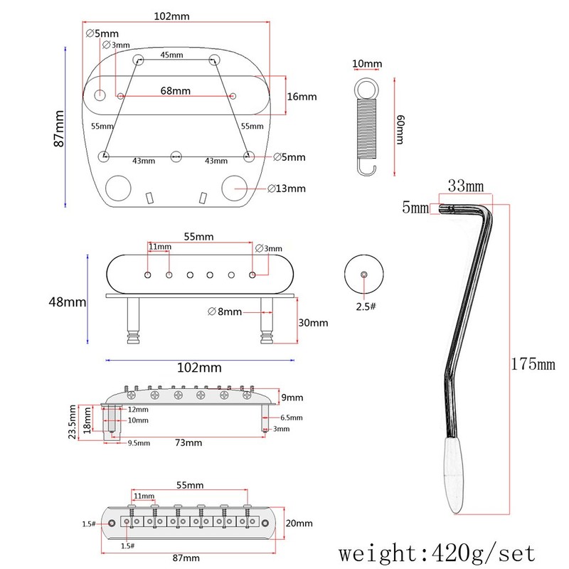 Alnicov 6 String Tremolo Vibrato Tailpiece Bridge Set for Mustang