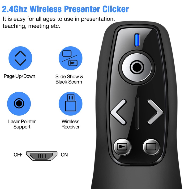 Presentation Clicker Wireless Presenter Remote for PowerPoint, RF 2.4GHz USB
