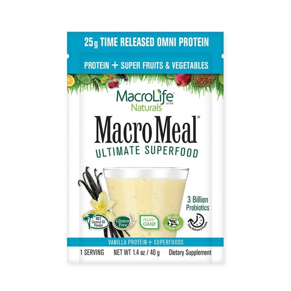 MacroLife Naturals MacroMeal Protein Powder + Greens Superfood Probiotics Digestive Enzymes & Fiber Supplement Blend for Women & Men - Non-GMO, Gluten-Free Vanilla - 10 Packet Servings