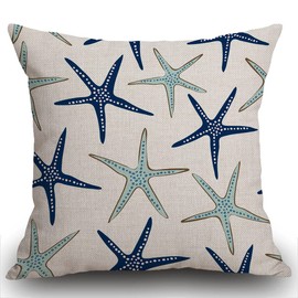Smooffly Coastal Nautical Cushion Cover, Coastal Nautical Starfish Repeat Pattern Navy Blue Square 18 x 18 Inches Decorative Throw Pillow Cover Cotton for Sofa Bedroom Car 45 x 45 cm