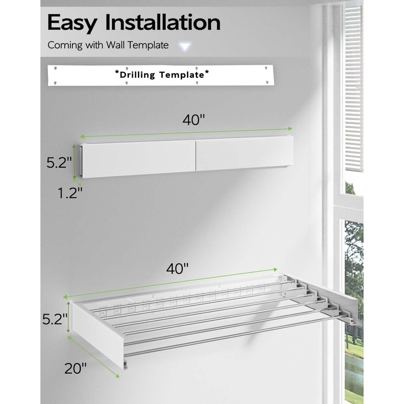 Wall Mounted Clothes Drying Rack 40 inches, Foldable Wall Mount