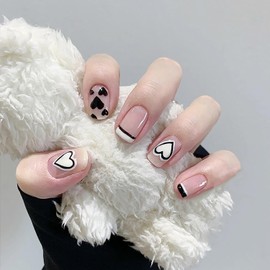 Vezocim Press on Nails Square Short French Tips Black 24Pcs Artificial Square Fake Nails with Heart Designs Glossy Full Cover Acrylic Extra Short Coffin False Nails Glue ons Fingernails for Women