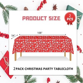 Christmas Table Cloth, 2pcs 137*274cm Christmas Table Cloth Rectangular Red Table Cloth Snowflakes Plastic Waterproof, Red Christmas Table Cloth for Christmas Table Decor Winter Party Table Decor