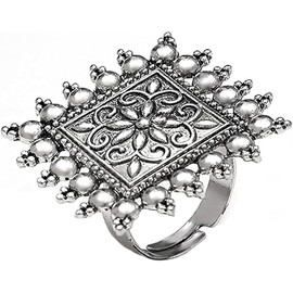 Boho Vintage Square Flower Statement Ring for Women Girls White Gold Plated Engrave Flowers Geometric Rings Comfort Fit Dainty Birthday Christmas Party Jewelry