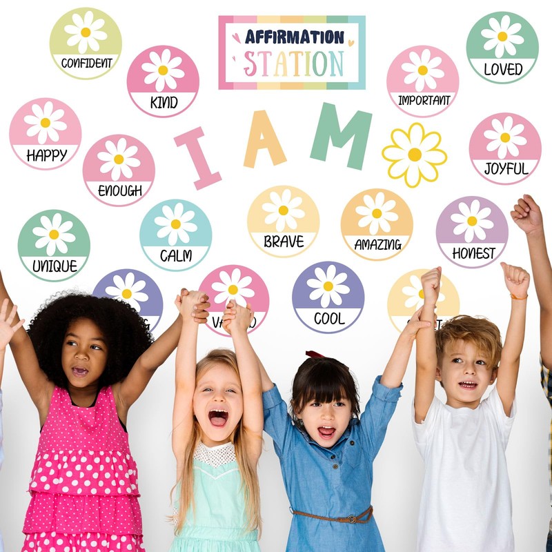 FYSUIMU 25Pcs Spring Pastel Daisy Affirmation Station Bulletin Board Set
