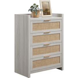 SICOTAS Dresser for Bedroom Chest of Drawers Tall Dresser with 4 Rattan Drawers Wood Dresser for Closet Boho Clothes Storage Large Nightstand Sets for Living Room Hallway Nursery Entryway - Grey White