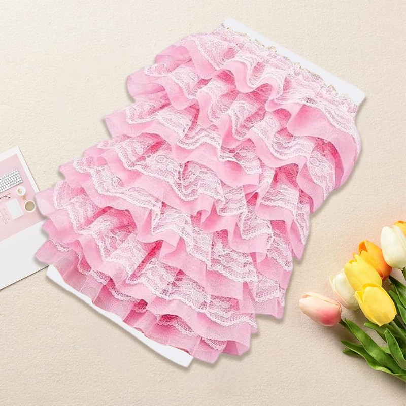 GORGECRAFT 5m*50mm Double Layer Chiffon Lace Edge Trim Pink Pleated