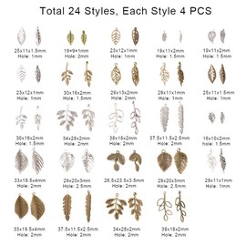 PandaHall 96pcs 14 Types Tibetan Alloy Tree Leaf Charm Pendant Leaf Branch Bead Charm for DIY Bracelet Necklace Jewellery, Antique Bronze Silver