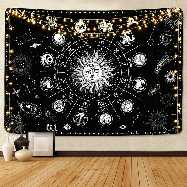 Yugarlibi Sun Moon Tapestry Wall Hanging Black Horoscope Tarot Card Constellation Tapestry Astrology Wall Art for Bedroom Living Room 59.1x51.2 Inches (150x130cm)