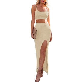 Womens Sleeveless Cami Crop Top Side Split Bodycon Midi Skirt Sets Knit 2 Piece Dress Apricot S