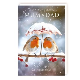 Mum and Dad Christmas Card - Wonderful Mum & Dad - Robins Under a Snowy Umbrella - Festive Design - Made in the UK - Eco-Friendly