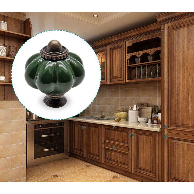 Seimneire 25pcs Dark Green Pumpkin Knobs, Vintage Ceramic Cabinet Handles,