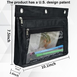 YoeeJob 2 Pack 1 Inch Expandable Zipper Pencil Pouches with Clear Window for 3 Ring Binder, Suitable for School & Office (Black)
