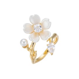 Kokoma Dainty Flower Leaf Ring for Women Cubic Zirconia Pearl White Flower Wrap Finger Band Crystal Engagement Promise Rings Open Statement Ring Adjustable Band