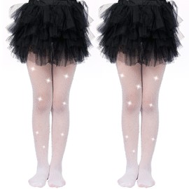 MANZI Rhinestone Fishnets Tights for Girls White Tights Sparkly Black Tights for Girls Fishnet Stockings (Pack of 2 White)