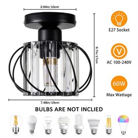 NATUREYL Kitchen Ceiling Lights, Semi Flush Mount Black Industrial Crystal Lights Ceiling for Living Room, Hallway, Dining Room
