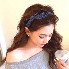 Skinny Denim Bow Headbands for Women, Bowknot Thin Headbands Lightweight Hairband Hair Hoop for Women Girls，Blue