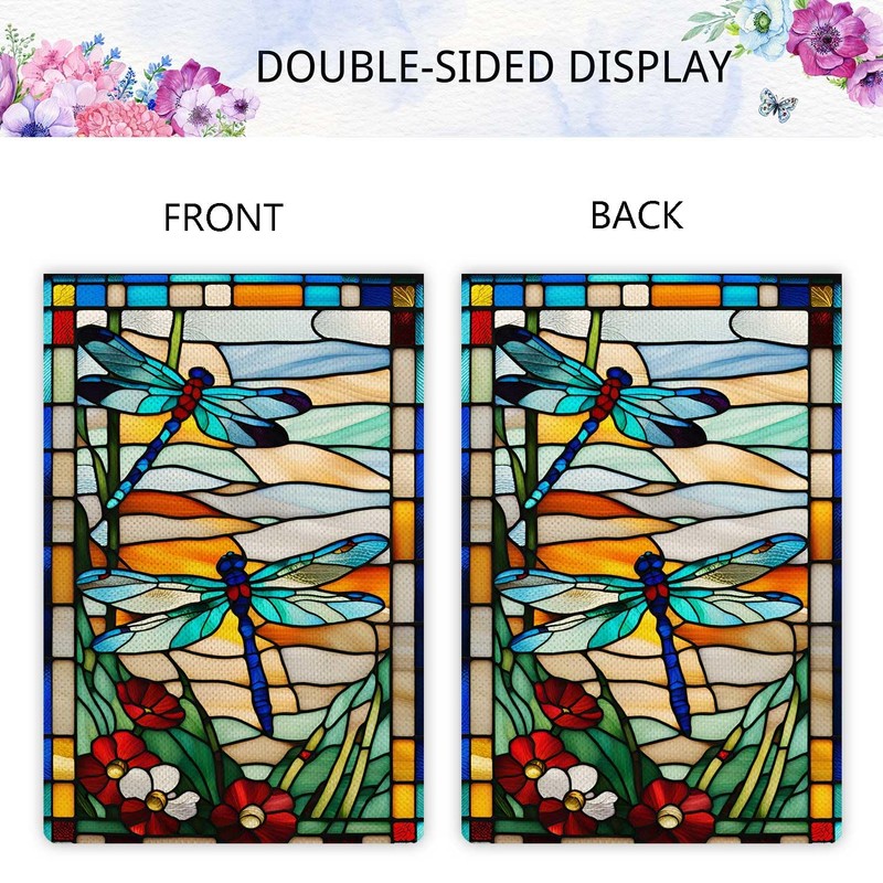 Jauageon Jauageon Spring Summer Dragonfly Garden Flag Glass Style Flowers