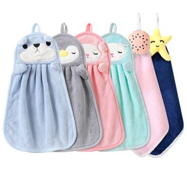 Set of 6 Cute Animals Towels for the Kitchen, Absorbent Soft Coral Velvet Towel with Hanging Bow, Microfibre Quick Drying Hanging Face Towel, Wash Cloth for Children