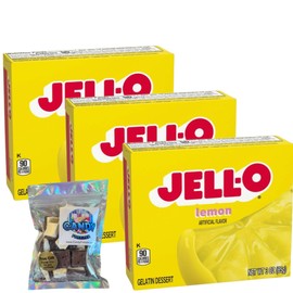 Jell-O Gelatin Dessert Mix - 3 oz Boxes (Pack of 3) - With Candy Freezer Freeze Dried Ice Cream Bites (Lemon) - Candy