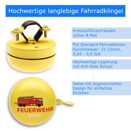 Smart-Planet Fire brigade bicycle bell made entirely of metal - robust bicycle bell in yellow with loud sound for children - for handlebars